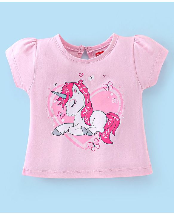Babyhug Cotton Half Sleeves Capri Nightwear Set Unicorn Print - Pink