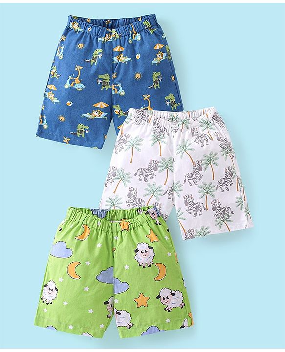 Babyhug Cotton Woven Zebra and Clouds Print Pack of 3 - Blue Green & White