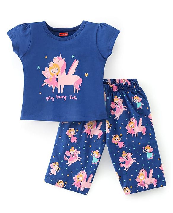 Babyhug Cotton Knit Half Sleeves Capri Night Suit Unicorn Print - Navy Blue