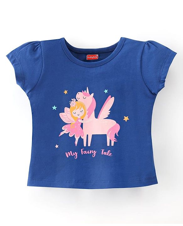 Babyhug Cotton Knit Half Sleeves Capri Night Suit Unicorn Print - Navy Blue