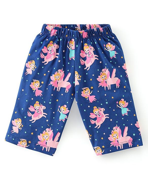 Babyhug Cotton Knit Half Sleeves Capri Night Suit Unicorn Print - Navy Blue