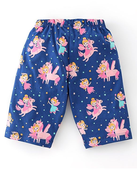 Babyhug Cotton Knit Half Sleeves Capri Night Suit Unicorn Print - Navy Blue