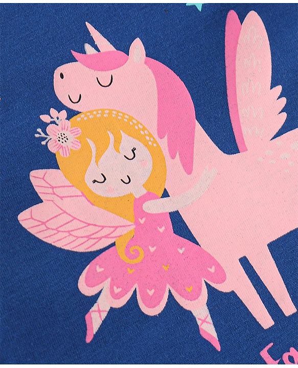 Babyhug Cotton Knit Half Sleeves Capri Night Suit Unicorn Print - Navy Blue