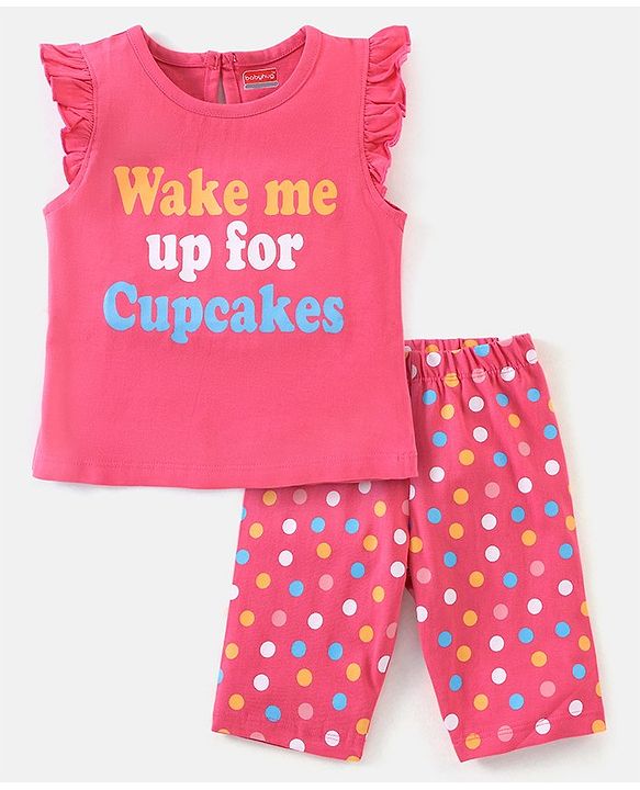 Babyhug Cotton Knit Cap Sleeves Capri Night Suit Text & Polka Dots Print - Pink
