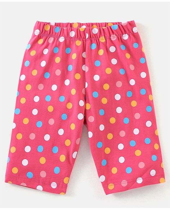 Babyhug Cotton Knit Cap Sleeves Capri Night Suit Text & Polka Dots Print - Pink