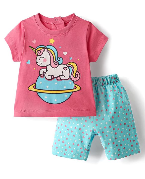 Babyhug Cotton Half Sleeves Capri Night Suit Hearts & Unicorn Print- Blue & Pink