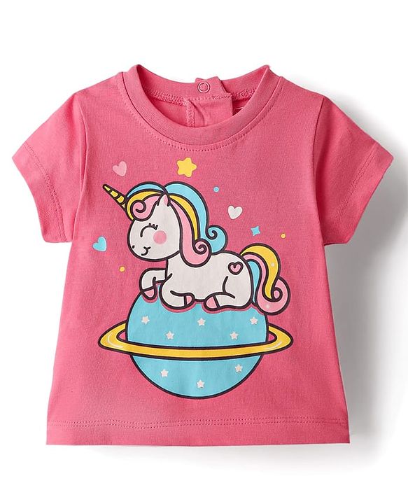 Babyhug Cotton Half Sleeves Capri Night Suit Hearts & Unicorn Print- Blue & Pink