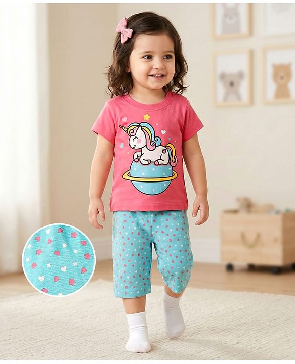 Babyhug Cotton Half Sleeves Capri Night Suit Hearts & Unicorn Print- Blue & Pink