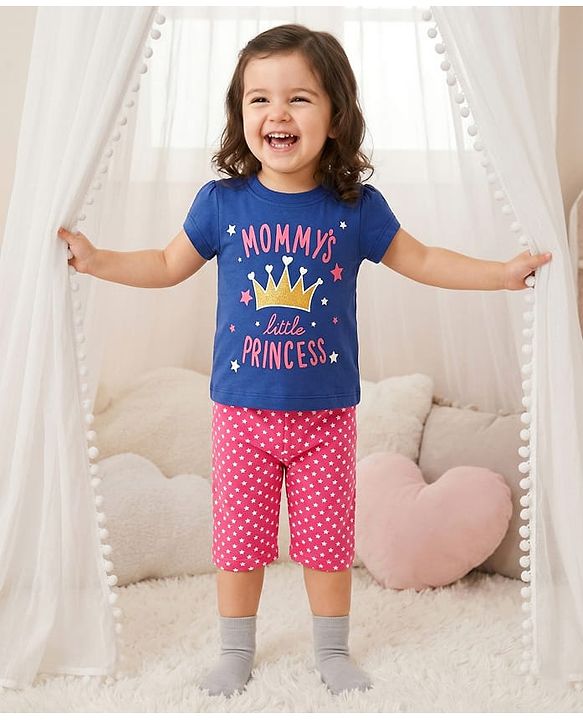 Babyhug Cotton Knit Half Sleeves Night Suit Mommys Princess Print - Navy Blue & Pink