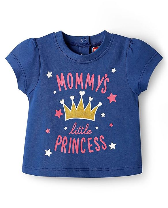 Babyhug Cotton Knit Half Sleeves Night Suit Mommys Princess Print - Navy Blue & Pink