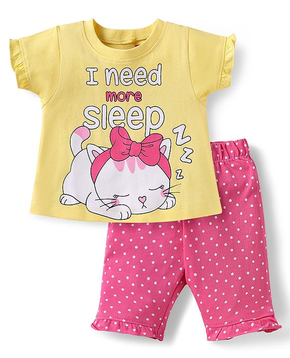 Babyhug Cotton Half Sleeves Capri Night Suit Kitty & Dot Print- Yellow & Pink