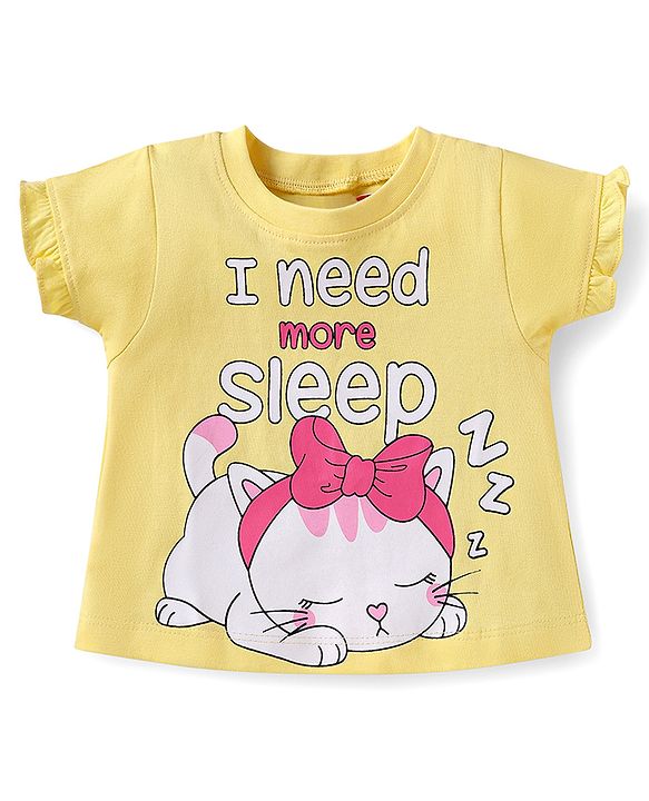 Babyhug Cotton Half Sleeves Capri Night Suit Kitty & Dot Print- Yellow & Pink