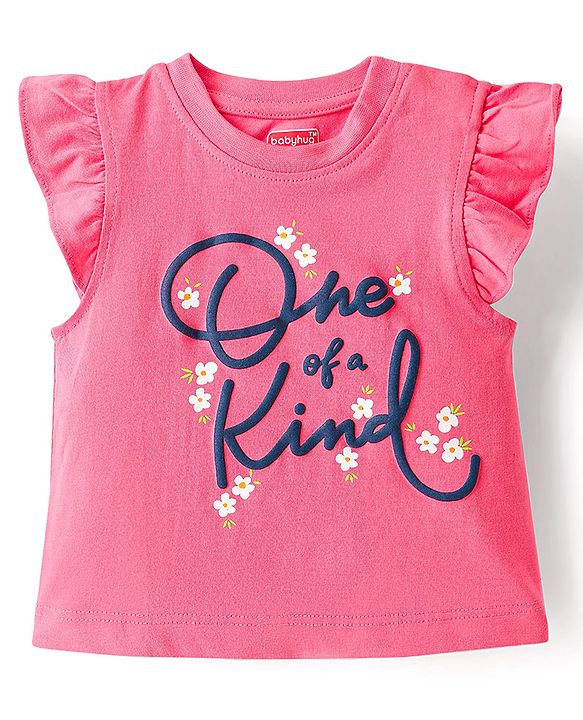 Babyhug Cotton Knit Frill Sleeves Night Suit Floral Print - Pink & Navy