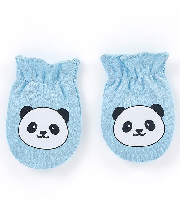 Babyhug 100% Cotton Mittens Panda Printed  & Stripes Pack of 3 - Blue & White