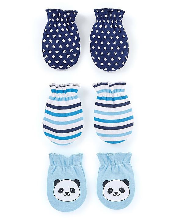 Babyhug 100% Cotton Mittens Panda Printed  & Stripes Pack of 3 - Blue & White