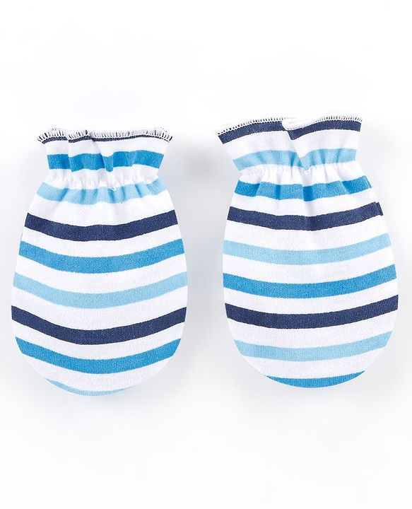 Babyhug 100% Cotton Mittens Panda Printed  & Stripes Pack of 3 - Blue & White