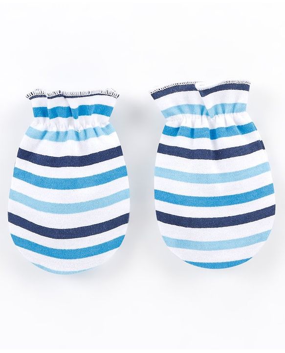 Babyhug 100% Cotton Mittens Panda Printed  & Stripes Pack of 3 - Blue & White