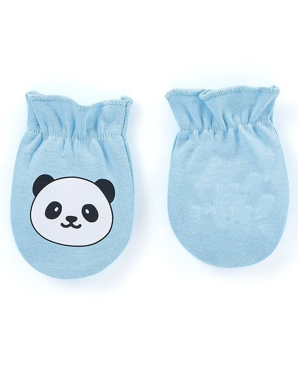 Babyhug 100% Cotton Mittens Panda Printed  & Stripes Pack of 3 - Blue & White