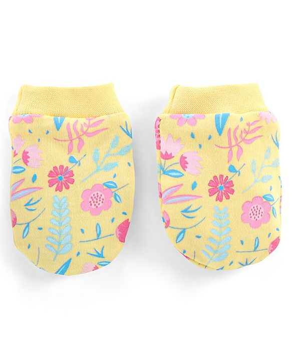 Babyhug 100% Cotton Knit Mittens & Booties Set Floral Print - Yellow