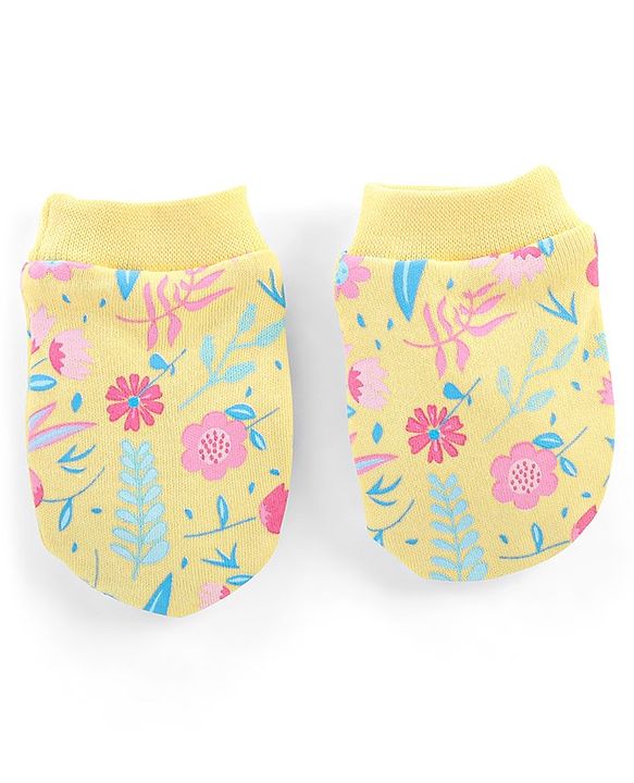 Babyhug 100% Cotton Knit Mittens & Booties Set Floral Print - Yellow
