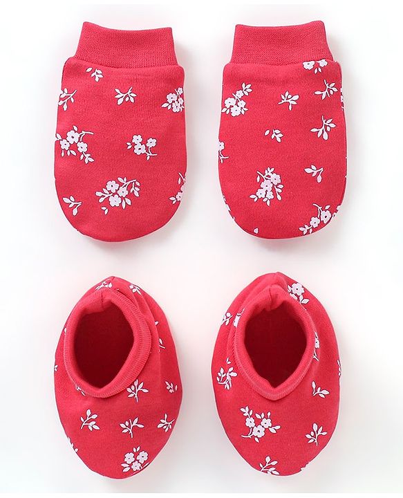 Babyhug 100% Cotton Knit Mittens & Booties Set Floral Print - Red