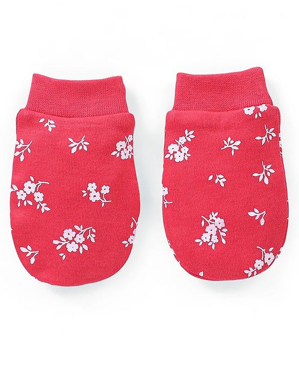 Babyhug 100% Cotton Knit Mittens & Booties Set Floral Print - Red