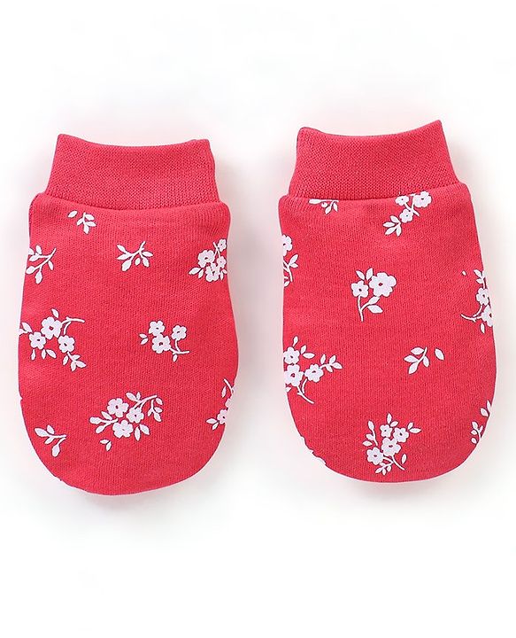 Babyhug 100% Cotton Knit Mittens & Booties Set Floral Print - Red