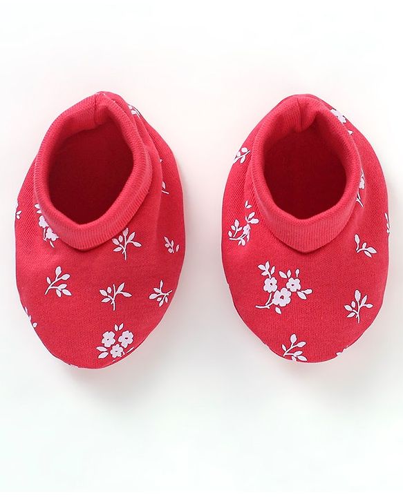 Babyhug 100% Cotton Knit Mittens & Booties Set Floral Print - Red
