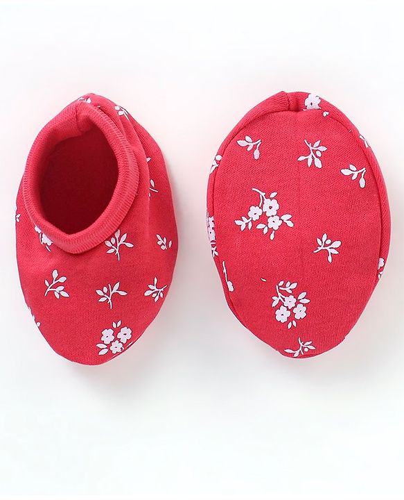 Babyhug 100% Cotton Knit Mittens & Booties Set Floral Print - Red