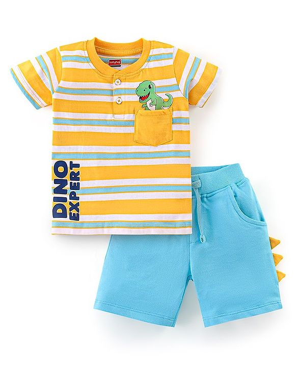 Babyhug 100% Cotton Knit Half Sleeves Striped T-Shirt & Shorts Set with Draw Cord & Dino Applique - Blue & Yellow