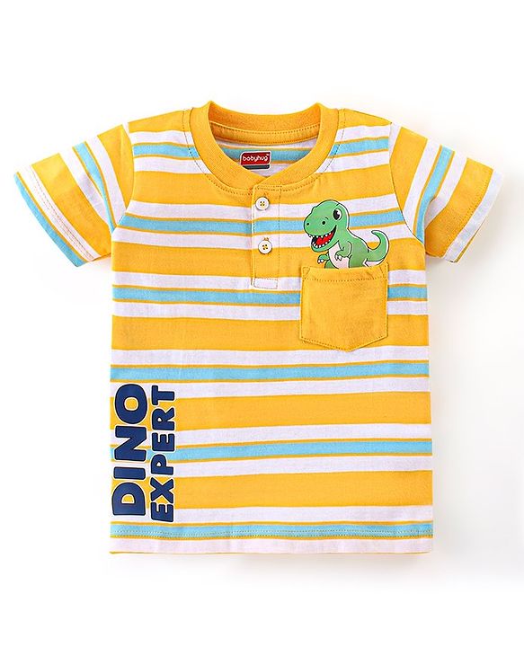 Babyhug 100% Cotton Knit Half Sleeves Striped T-Shirt & Shorts Set with Draw Cord & Dino Applique - Blue & Yellow