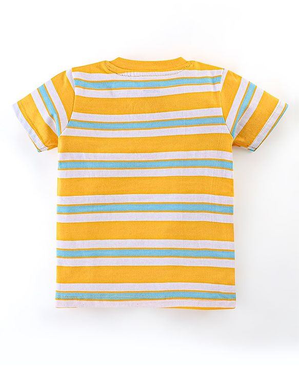Babyhug 100% Cotton Knit Half Sleeves Striped T-Shirt & Shorts Set with Draw Cord & Dino Applique - Blue & Yellow