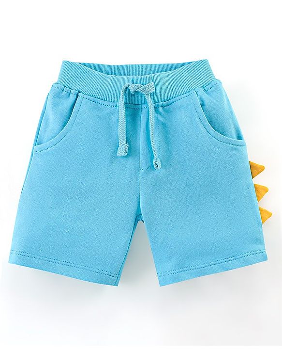 Babyhug 100% Cotton Knit Half Sleeves Striped T-Shirt & Shorts Set with Draw Cord & Dino Applique - Blue & Yellow