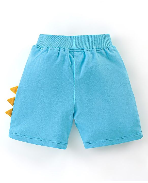 Babyhug 100% Cotton Knit Half Sleeves Striped T-Shirt & Shorts Set with Draw Cord & Dino Applique - Blue & Yellow