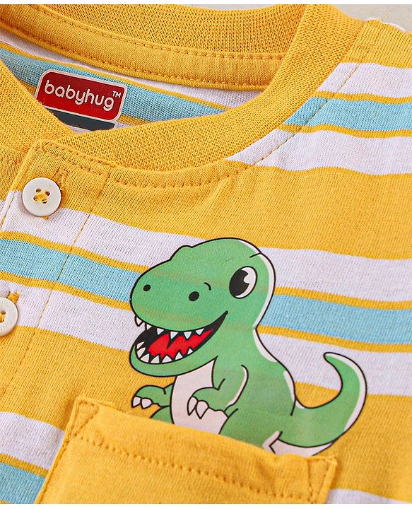 Babyhug 100% Cotton Knit Half Sleeves Striped T-Shirt & Shorts Set with Draw Cord & Dino Applique - Blue & Yellow