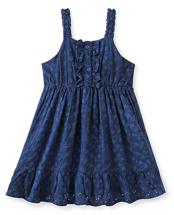 Babyhug 100% Cotton Knit Sleeveless Frock with Floral Embroidery - Navy Blue