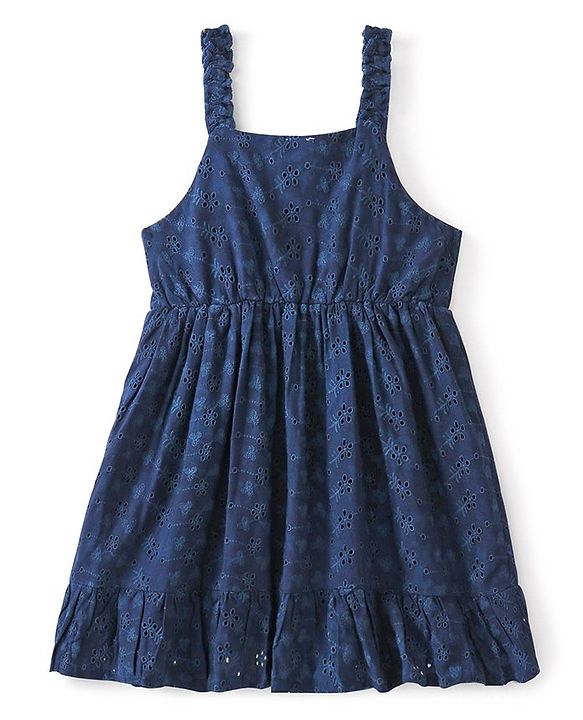 Babyhug 100% Cotton Knit Sleeveless Frock with Floral Embroidery - Navy Blue