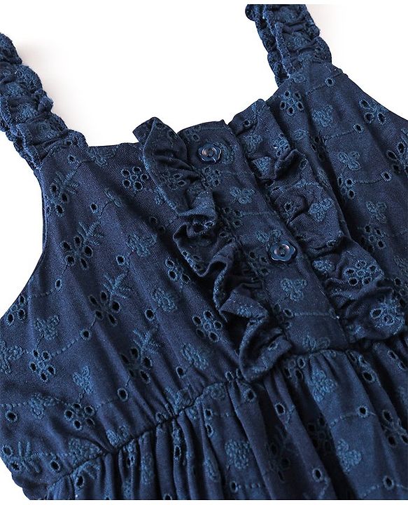 Babyhug 100% Cotton Knit Sleeveless Frock with Floral Embroidery - Navy Blue
