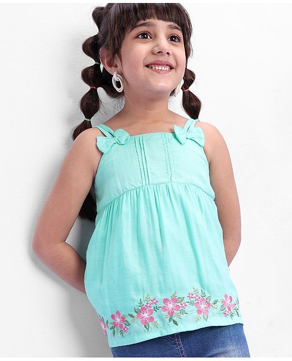 Babyhug 100% Rayon Woven Sleeveless Top with Embroidery and Bow Detailing Floral Print - Green