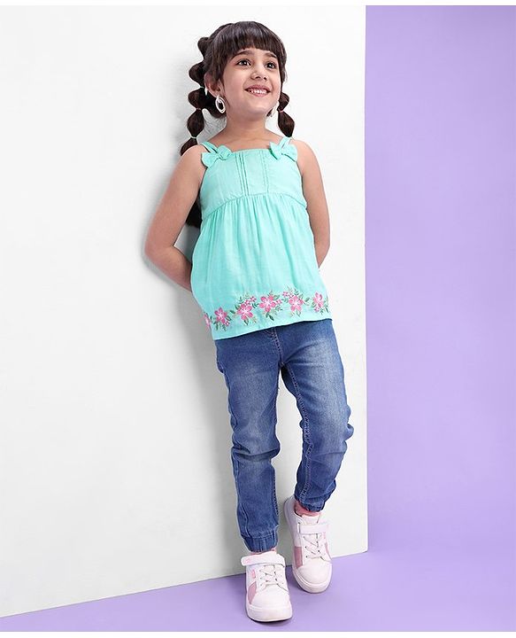 Babyhug 100% Rayon Woven Sleeveless Top with Embroidery and Bow Detailing Floral Print - Green