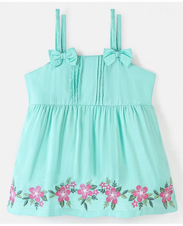 Babyhug 100% Rayon Woven Sleeveless Top with Embroidery and Bow Detailing Floral Print - Green