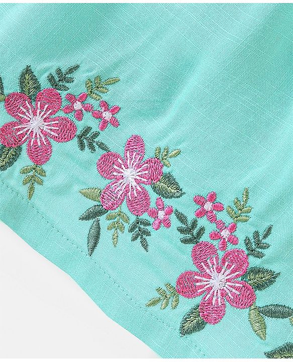 Babyhug 100% Rayon Woven Sleeveless Top with Embroidery and Bow Detailing Floral Print - Green