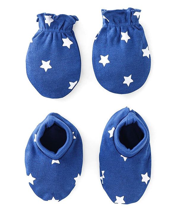 Babyhug 100% Cotton Star print Mittens & Booties  - Blue