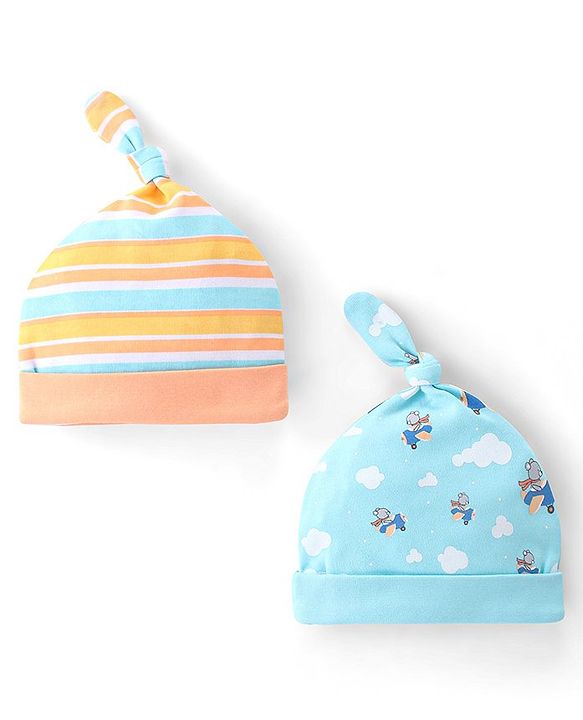 Babyhug 100% Cotton Cap Bear & Stripes Print Pack Of 2- Blue & Orange - Diameter 9 Cm