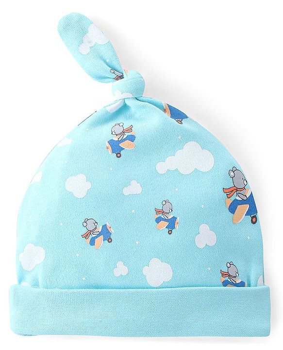 Babyhug 100% Cotton Cap Bear & Stripes Print Pack Of 2- Blue & Orange - Diameter 9 Cm