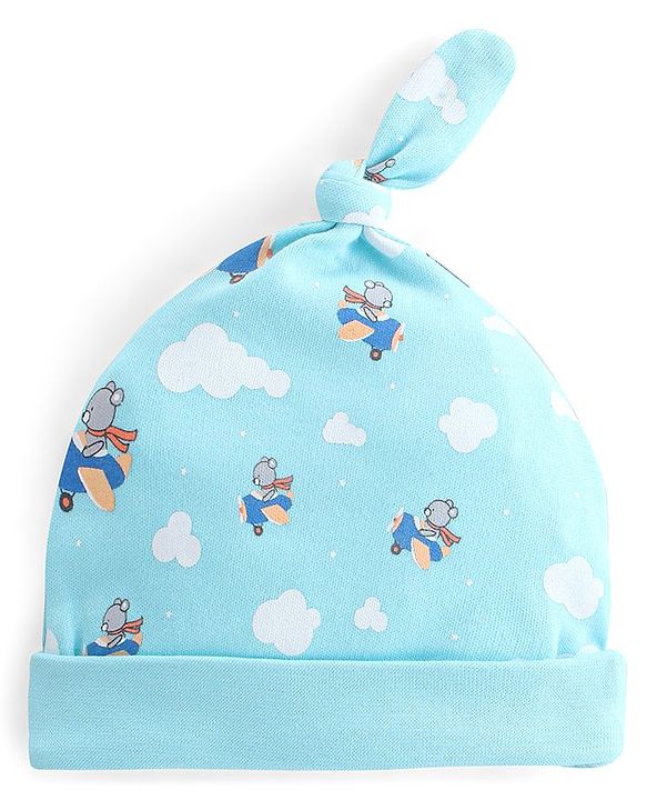 Babyhug 100% Cotton Cap Bear & Stripes Print Pack Of 2- Blue & Orange - Diameter 9 Cm