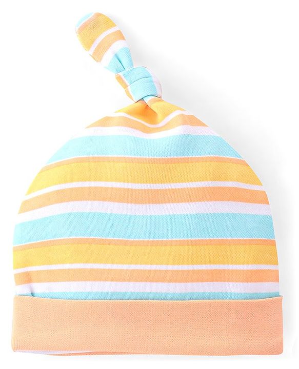 Babyhug 100% Cotton Cap Bear & Stripes Print Pack Of 2- Blue & Orange - Diameter 9 Cm