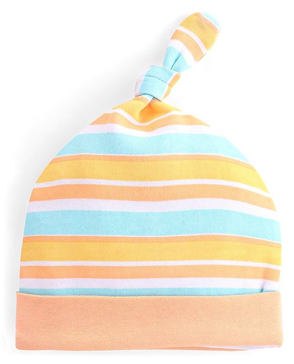 Babyhug 100% Cotton Cap Bear & Stripes Print Pack Of 2- Blue & Orange - Diameter 9 Cm