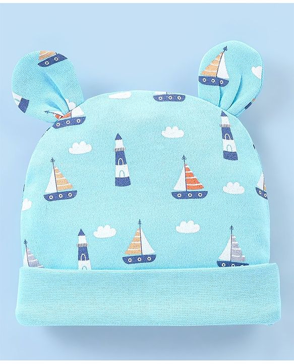 Babyhug 100% Cotton Cap Boat Printed with Ears Applique  - Blue