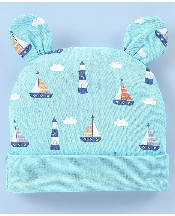 Babyhug 100% Cotton Cap Boat Printed with Ears Applique  - Blue